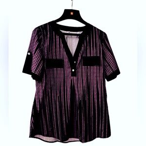 Black and purple satin-like V-Neck shirt -  Women’s size medium - Never worn.
